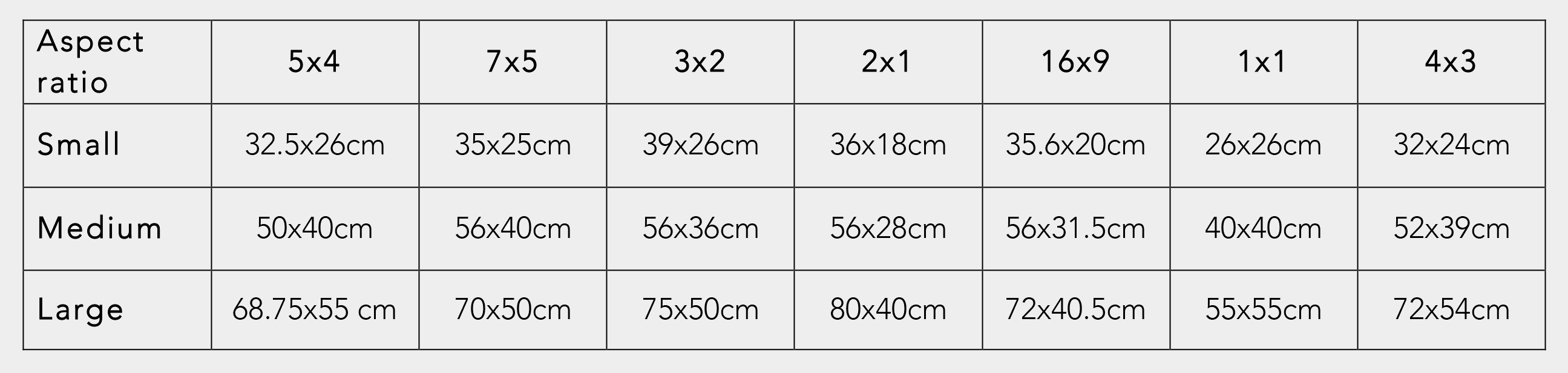 Table Of Print Sizes Grey